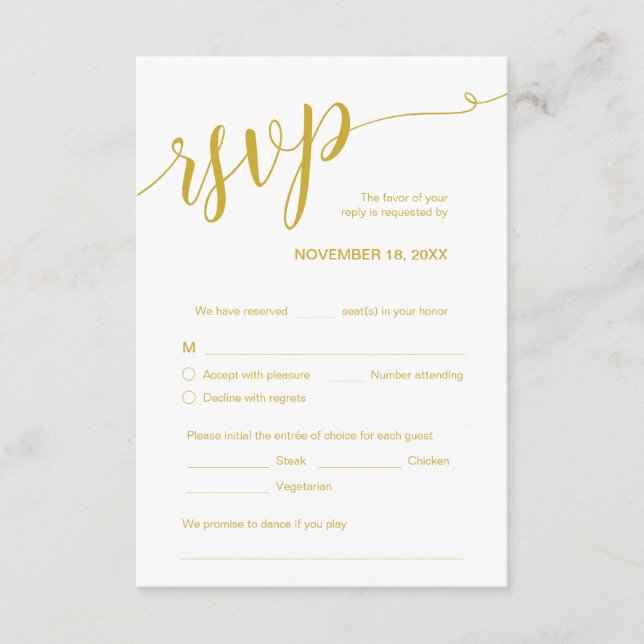 Tarjeta De Recepción Hermoso guión, RSVP, dorado amarillo, responder (Anverso)