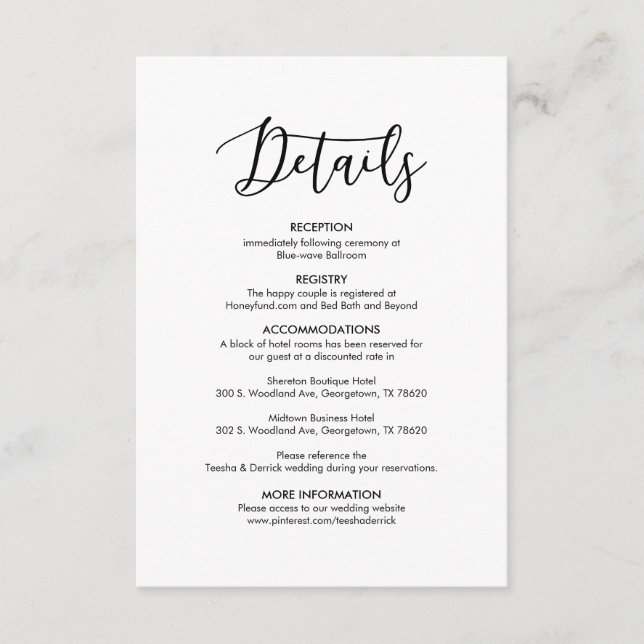 Tarjeta De Recepción Hermoso Nuestro Boda Detalles Negro moderno y eleg (Anverso)