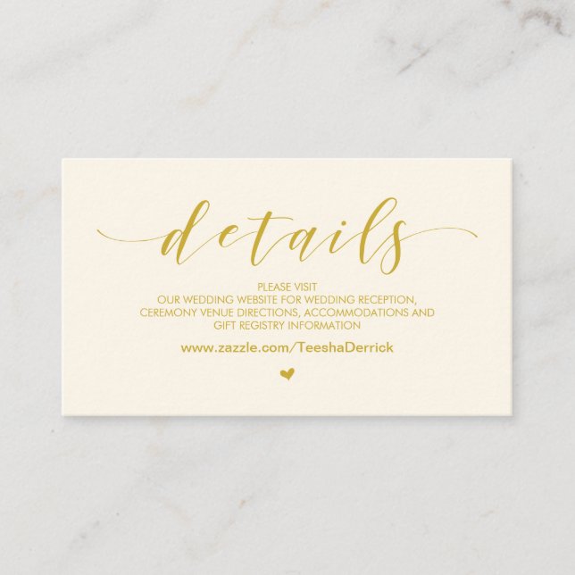 Tarjeta De Recepción Hermoso Oro Amarillo, detalles de sitio web Boda (Anverso)
