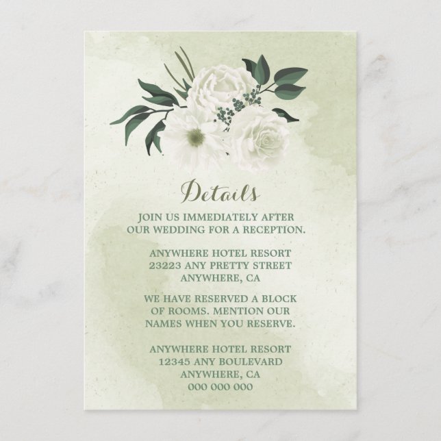 Tarjeta De Recepción hermosos detalles bodas de vegetación floral blanc (Anverso)