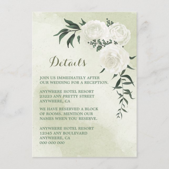 Tarjeta De Recepción hermosos detalles bodas de vegetación floral blanc (Anverso)