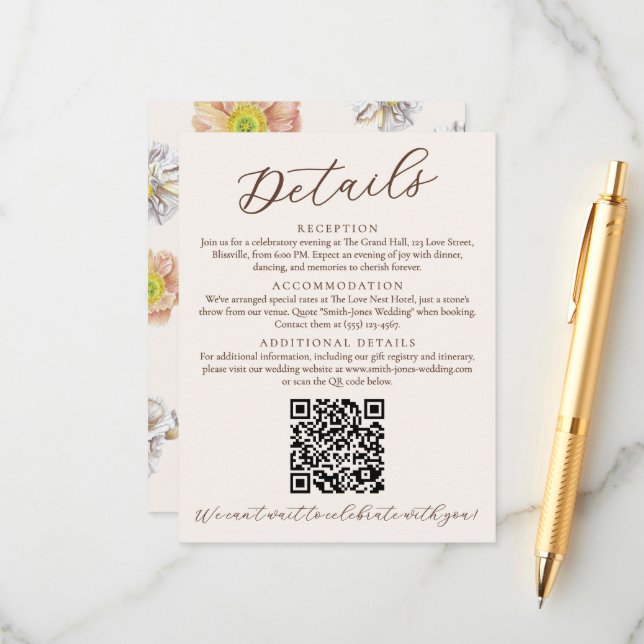 Tarjeta De Recepción Hermosos detalles de Boda floral beige y código QR (Anverso/Reverso In Situ)