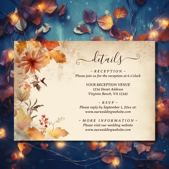 Tarjeta De Recepción Hermosos detalles de la boda de la boda de otoño d (Front - Beautiful Autumn Leaf Flower Fall Wedding Details Enclosure Card)
