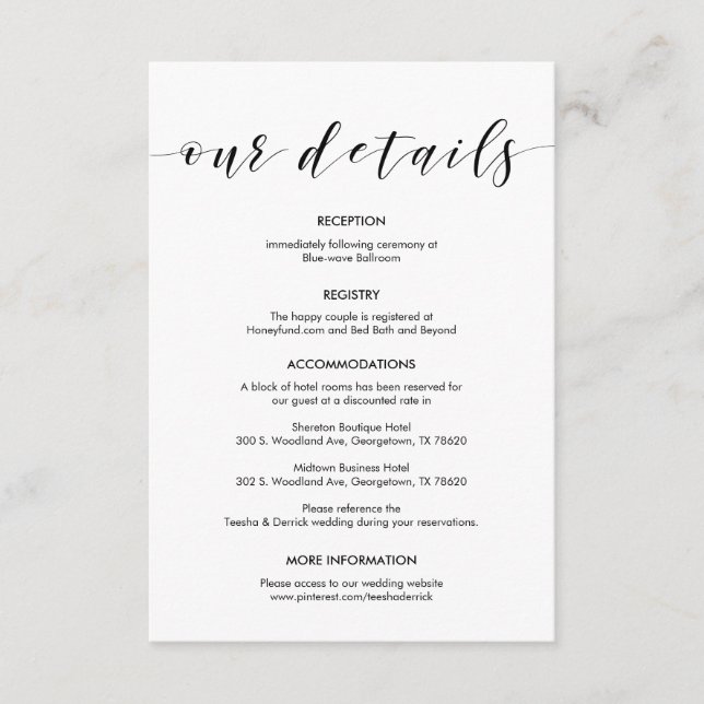 Tarjeta De Recepción Hermosos detalles de nuestro Boda, tinta negra (Anverso)