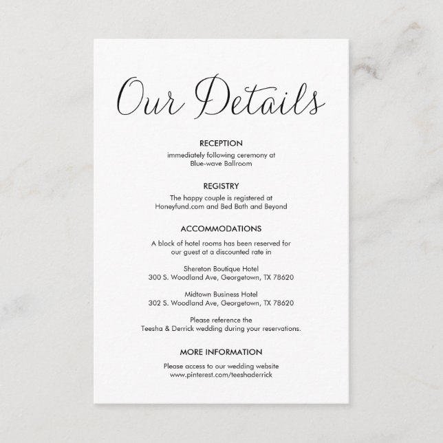 Tarjeta De Recepción Hermosos detalles de nuestro Boda, tinta negra clá (Anverso)