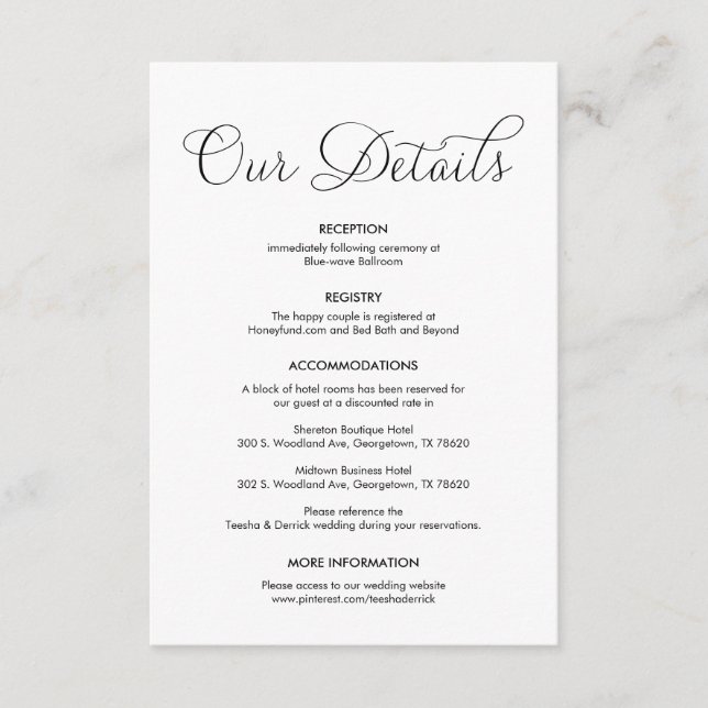 Tarjeta De Recepción Hermosos detalles de nuestro Boda, tinta negra clá (Anverso)
