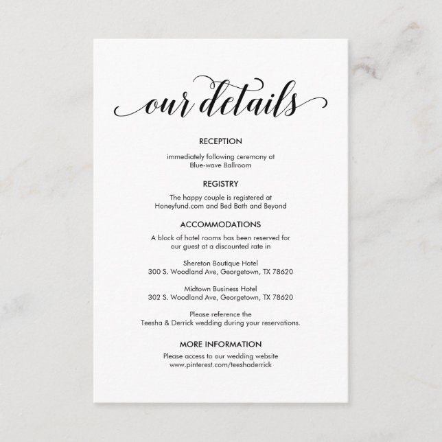 Tarjeta De Recepción Hermosos detalles de nuestro Boda, tinta negra mod (Anverso)