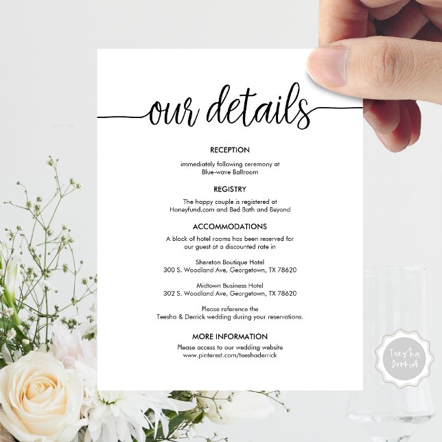 Tarjeta De Recepción Hermosos detalles de nuestro Boda, tinta negra rús (Beautiful Our Wedding Details, Rustic Black ink Enclosure Card, Accommodations, Reception, RSVP)