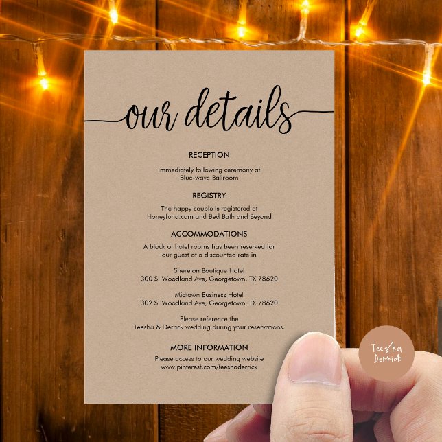 Tarjeta De Recepción Hermosos detalles de nuestro Boda, tinta negra rús (Beautiful Our Wedding Details Enclosure Card, Rustic Cottage Design, Brown Kraft Graphic Background)