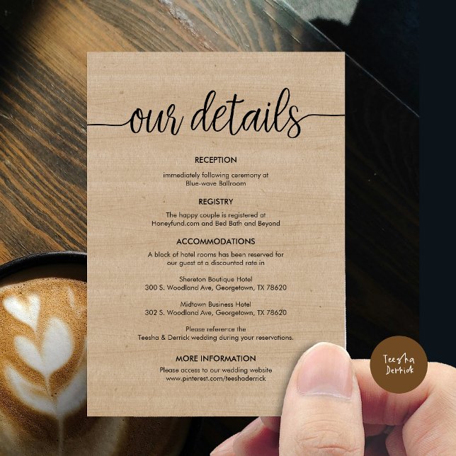 Tarjeta De Recepción Hermosos detalles de nuestro Boda, tinta negra rús (Beautiful Our Wedding Details Enclosure Card, Rustic Cottage Design, Brown Wood Graphic Background)