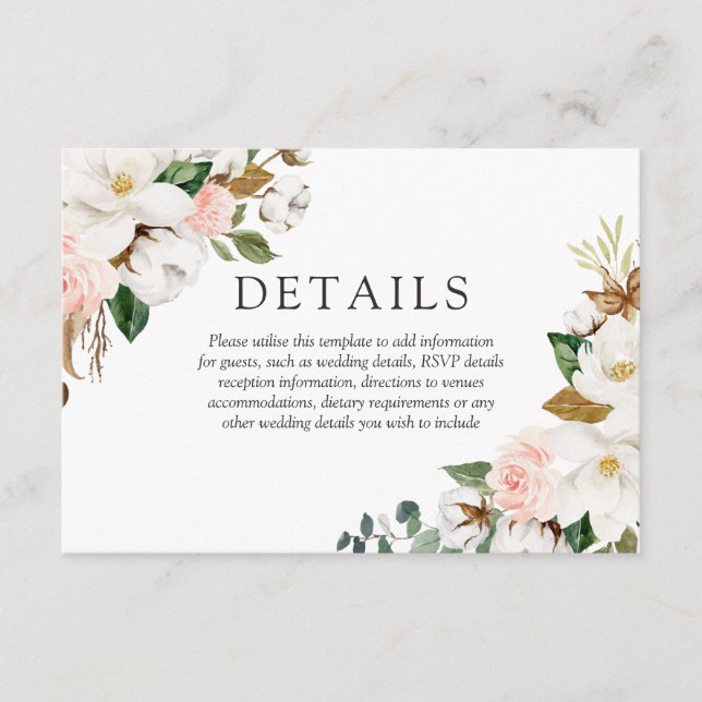Tarjeta De Recepción Hermosos detalles del Boda de Flores Blancas y Rub (Anverso)