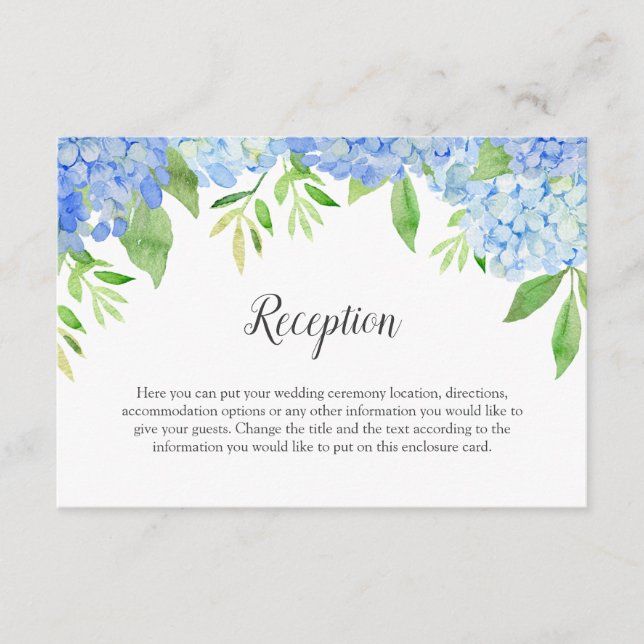 Tarjeta De Recepción Hidrangea Azul Acuarela Boda Floral (Anverso)