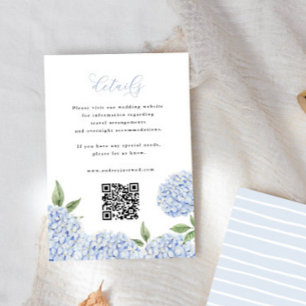 Tarjeta De Recepción Hidrangea azul Bloom Script Detalles QR Código peq
