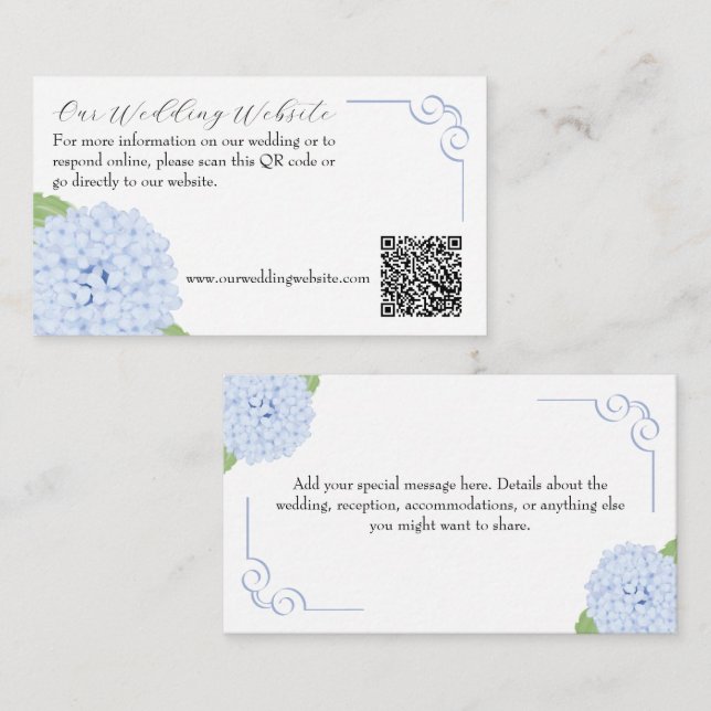 Tarjeta De Recepción Hidrangea Azul Boda de acuarela QR y Msg (Anverso / Reverso)