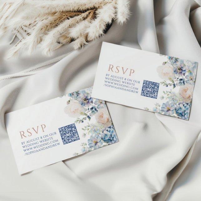 Tarjeta De Recepción Hidrangea azul y código QR del Boda Rosa RSVP (Subido por el creador)