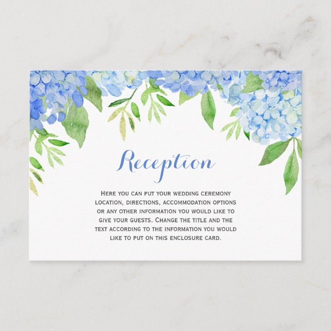 Tarjeta De Recepción Hidrangea Hidracusia Boda floral azul (Anverso)