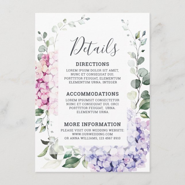 Tarjeta De Recepción Hidrangeas rosa azul claro y boda de eucalipto (Anverso)