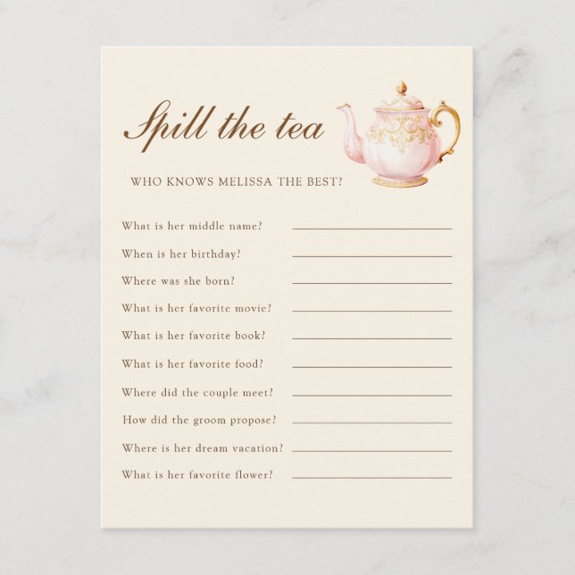 Tarjeta De Recepción High Tea Pastel Yellow Bridal Shower Party Game (Anverso)