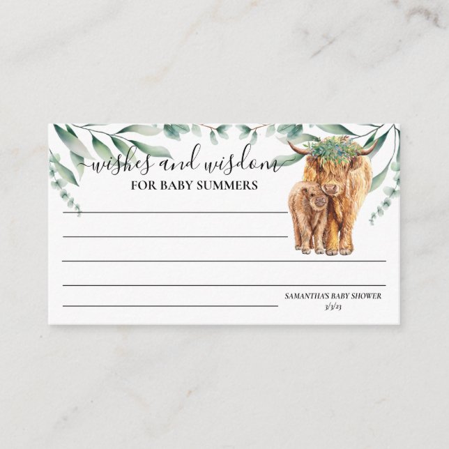 Tarjeta De Recepción Highland Cow Desea Sabiduría Eucalyptus Baby Showe (Anverso)