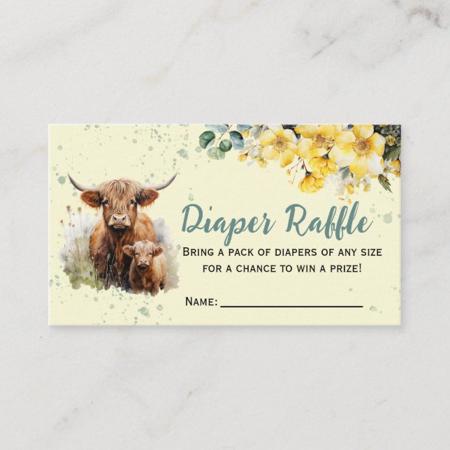 Tarjeta De Recepción Highland Cow Diaper Raffle Baby Shower (Anverso)