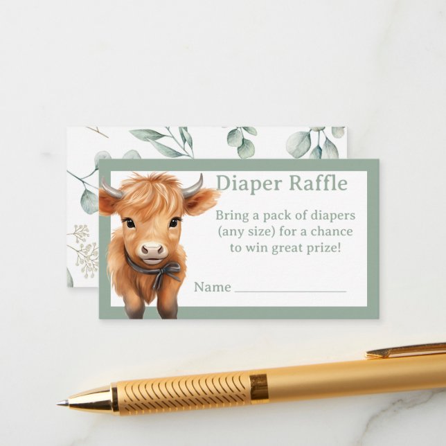 Tarjeta De Recepción Highland Cow verde boy diaper raffle (Anverso/Reverso In Situ)