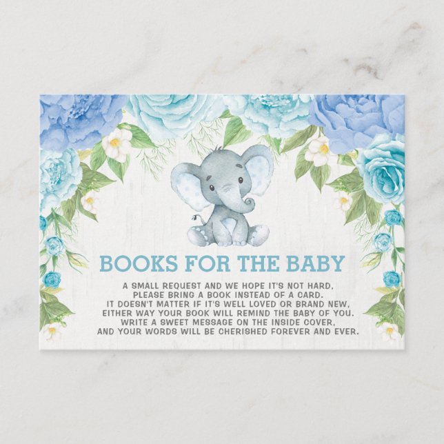 Tarjeta De Recepción Híptico Elefante Floral Azul Libros para Bebé (Anverso)
