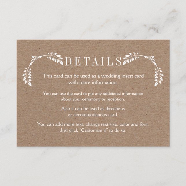 Tarjeta De Recepción Hoja blanca detalles del boda de cartón insertar t (Anverso)