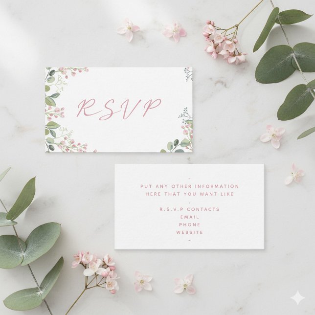 Tarjeta De Recepción Hojas acuarelas con flores rosas boda "RSVP" (Pretty green and pink R.S.V.P enclosure card.)