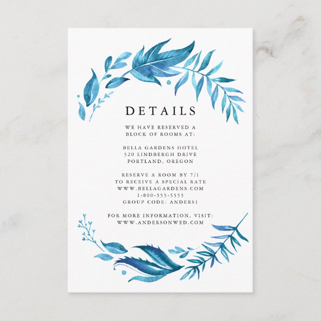 Tarjeta De Recepción Hojas de Índigo | Detalles de la Boda (Anverso)