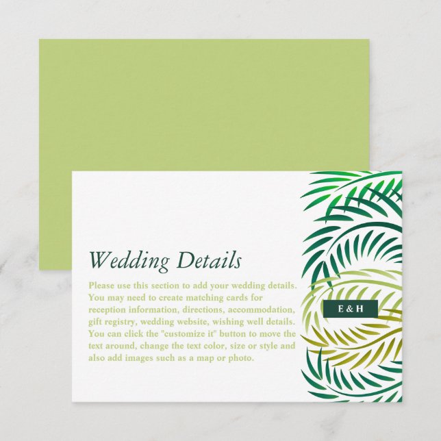 Tarjeta De Recepción Hojas de palmeras tropicales, detalle de bodas en  (Anverso / Reverso)