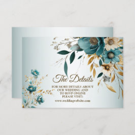 Tarjeta De Recepción Hojas doradas de flores blancas turquesa del parti