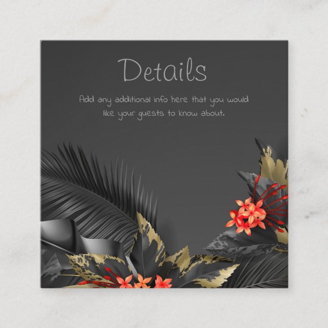 Tarjeta De Recepción Hojas tropicales de negro y oro Detalles (Anverso)