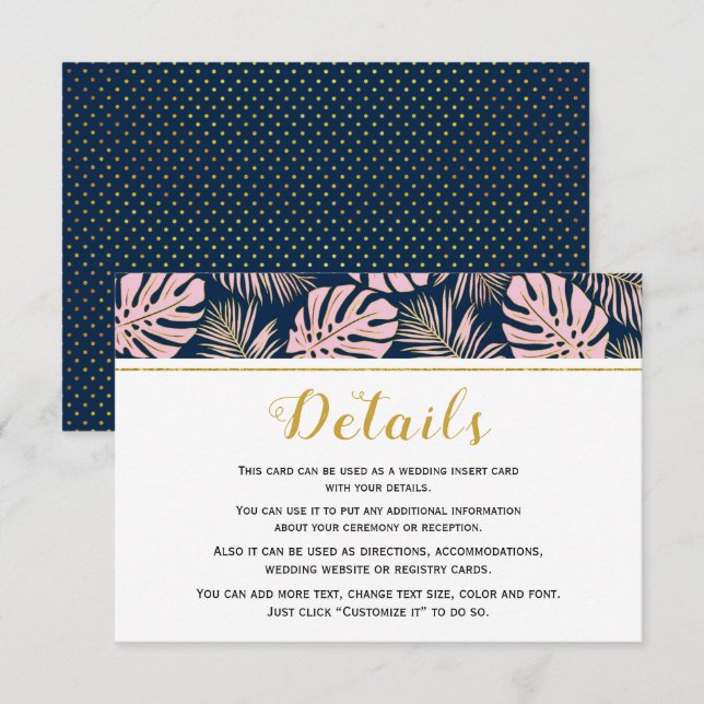 Tarjeta De Recepción Hojas tropicales rosa y boda de la marina (Anverso / Reverso)