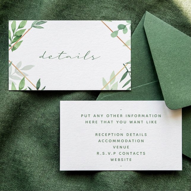 Tarjeta De Recepción Hojas verdes, borde dorado, detalles de boda (Green leaves, gold border, details wedding enclosure card.)