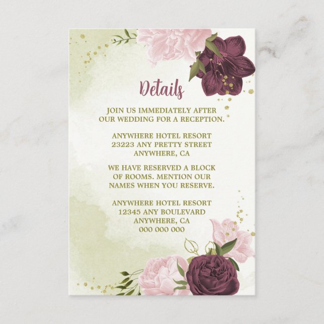 Tarjeta De Recepción hojas verdes de cabernet rosa (Anverso)