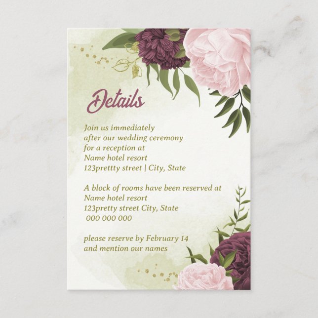 Tarjeta De Recepción hojas verdes de cabernet rosa (Anverso)