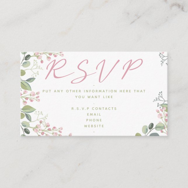 Tarjeta De Recepción Hojas y flores rosas y verdes, "RSVP" (Anverso)