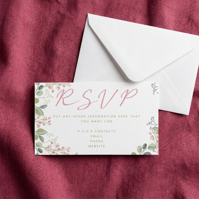 Tarjeta De Recepción Hojas y flores rosas y verdes, "RSVP" (Pink and green leaves and flowers, "RSVP" Enclosure Card.)