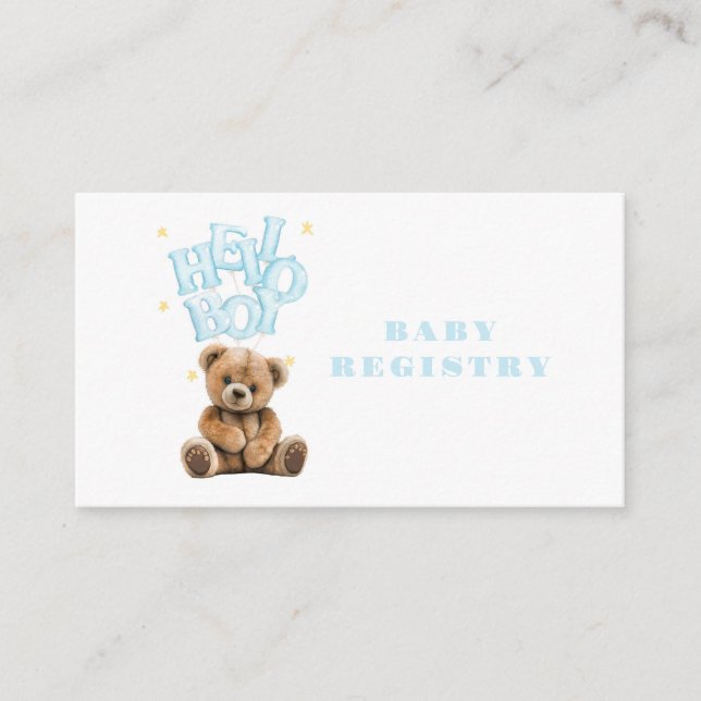 Tarjeta De Recepción Hola niño Balón Teddy Bear Boy Baby Registry (Anverso)