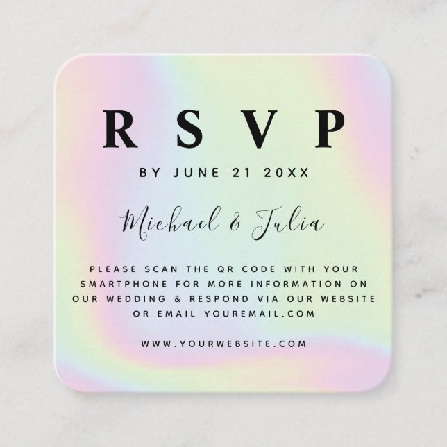 Tarjeta De Recepción Holografía Unicornio Pastel QR Boda de código RSVP (Anverso)