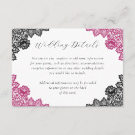 Tarjeta De Recepción Hot Pink and Black Floral Lace Wedding Details