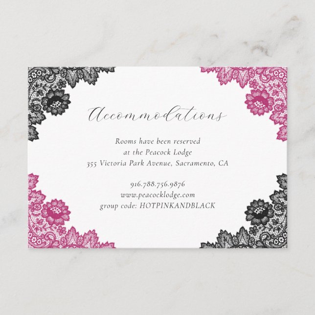 Tarjeta De Recepción Hot Pink Black Floral Lace Wedding Accommodation (Anverso)
