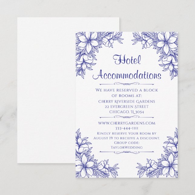 Tarjeta De Recepción Hotel Blue Ornate Boda (Anverso / Reverso)