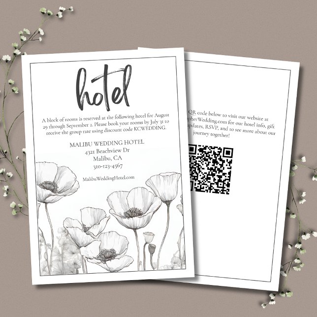 Tarjeta De Recepción Hotel Boda Floral Elegante de Cachorros Blancos (White Poppies Elegant Wedding Hotel Enclosure Card with QR Code for Wedding Website.)