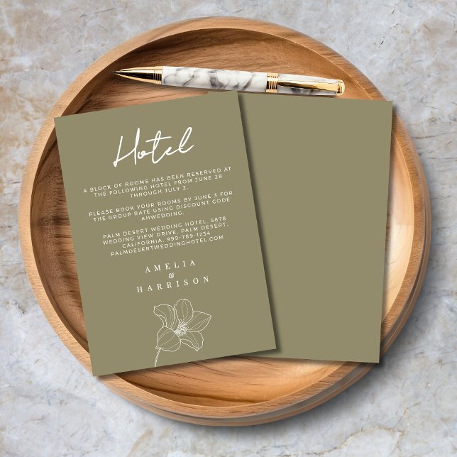 Tarjeta De Recepción Hotel Boda Floral Elegante De Oliva Verde (Olive Green Elegant Floral Wedding Hotel Enclosure Card with Line Art Flower, Script Calligraphy.)