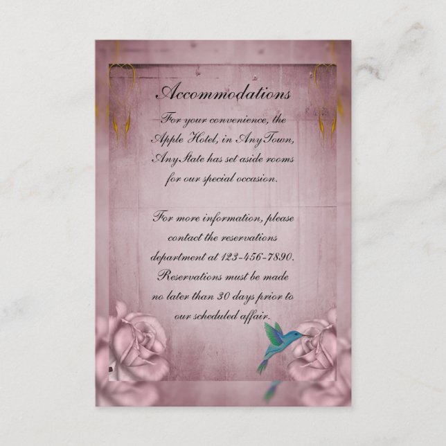 Tarjeta De Recepción Hotel Boda Rosa Hummingbird (Anverso)