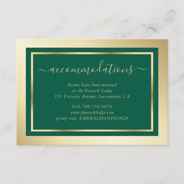 Tarjeta De Recepción Hotel con Boda de oro y verde esmeralda (Anverso)