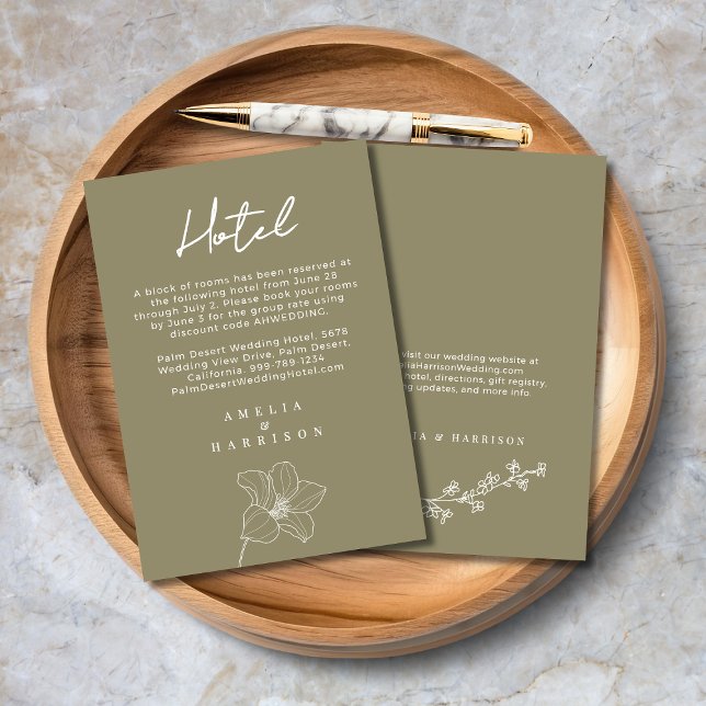 Tarjeta De Recepción Hotel de Boda Elegante Verde de Oliva (Olive Green Elegant Wedding Hotel Enclosure Card with Delicate Flowers, Wedding Website.)