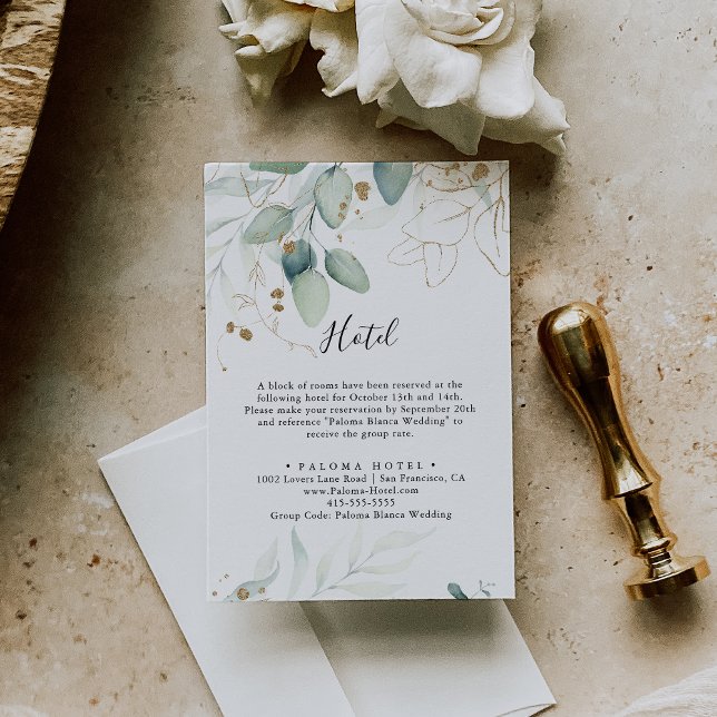 Tarjeta De Recepción Hotel Gold Eucalyptus Calligraphy (Subido por el creador)