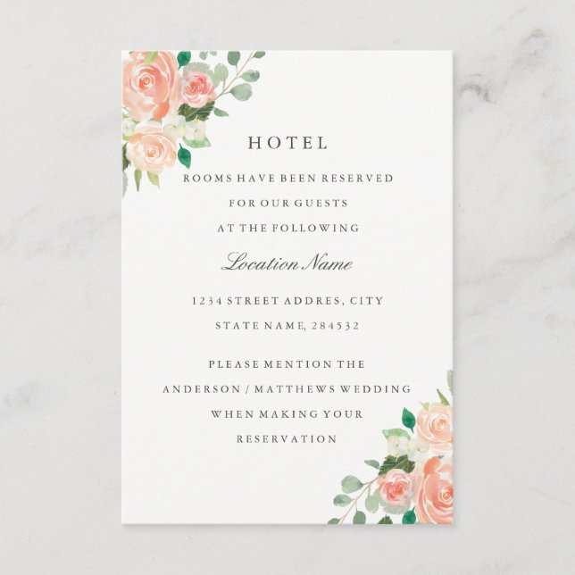 Tarjeta De Recepción Hotel Peach Rubor Floral Boda (Anverso)